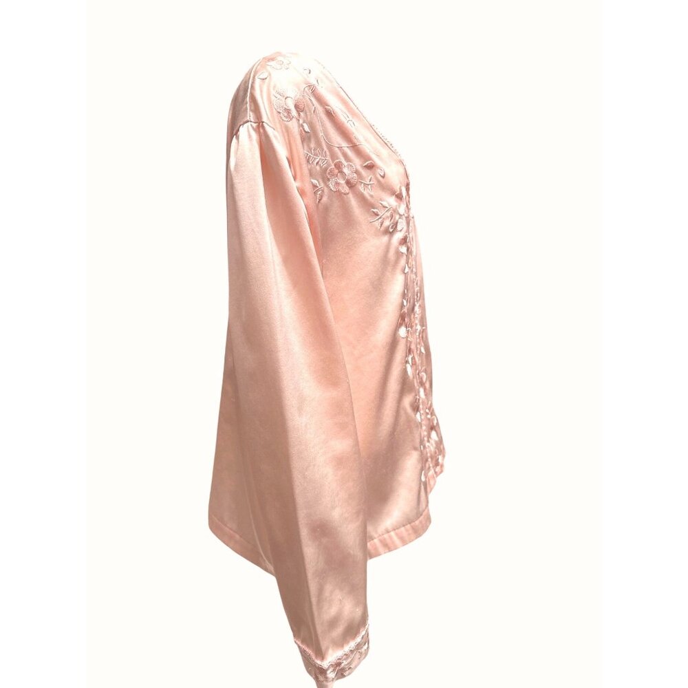 Nordstrom Intimates Size L Blush Pink Satin Embroidered Floral Lounge Top - Picture 3 of 11
